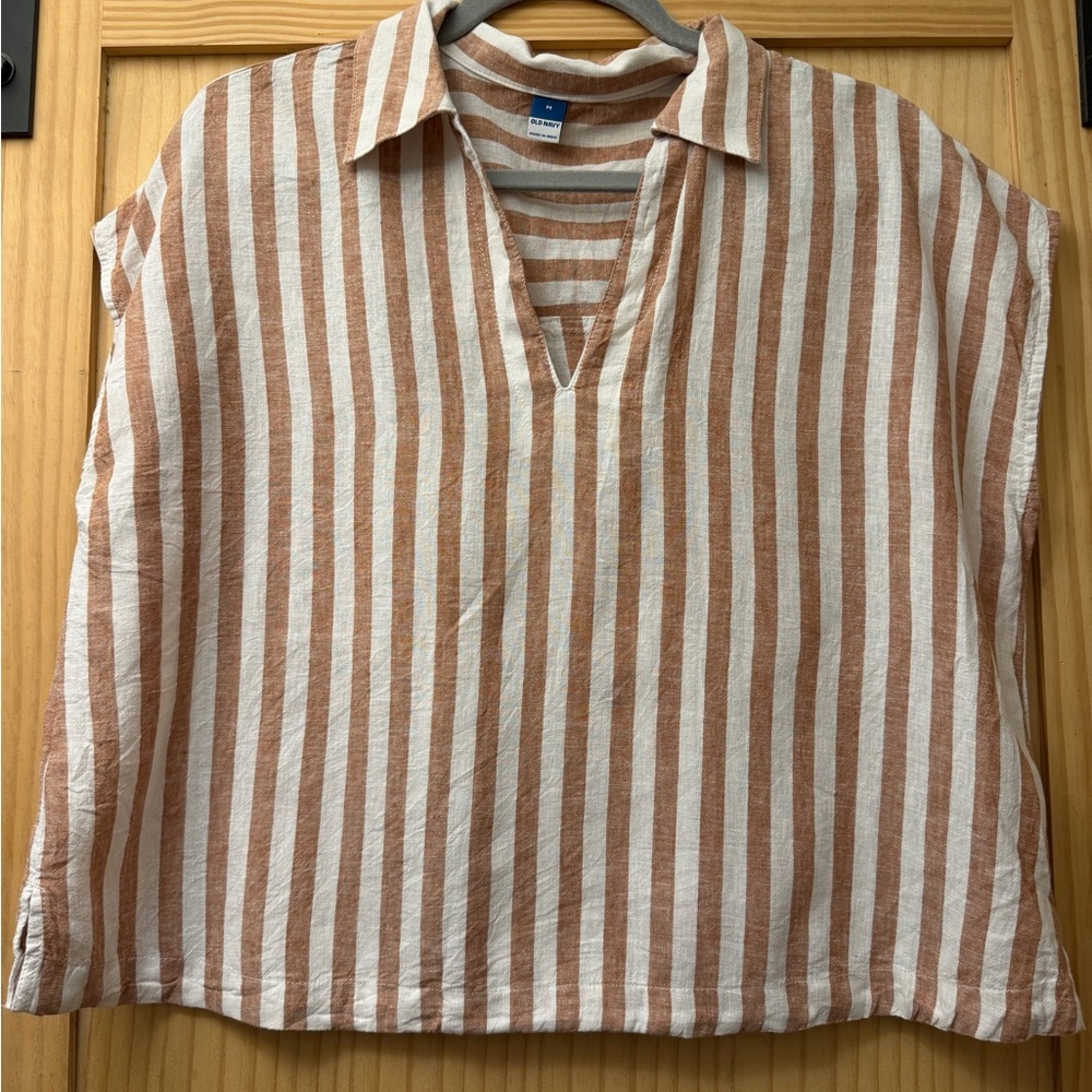 Old Navy Women’s Tan and White Striped Shirt